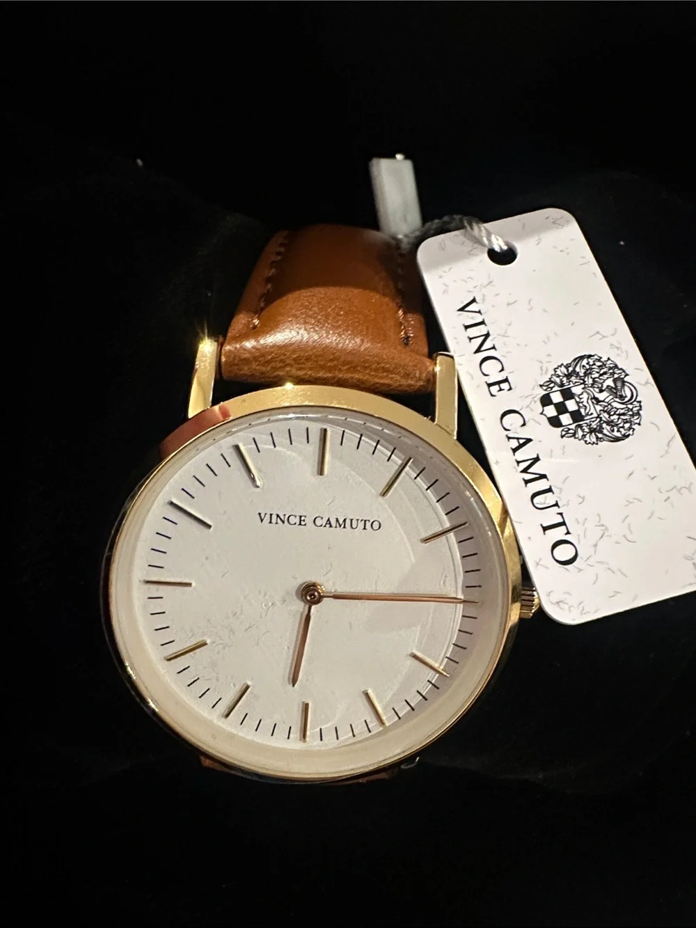 Vince Camuto Gold-Tone Watch with White Dial and Tan Leather Strap
